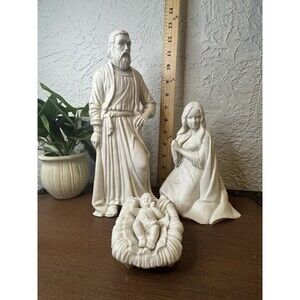 Large VTG 4 Pc Nativity Scene Bisque Joseph Mary Jesus & Manger 12” Tall D Lee